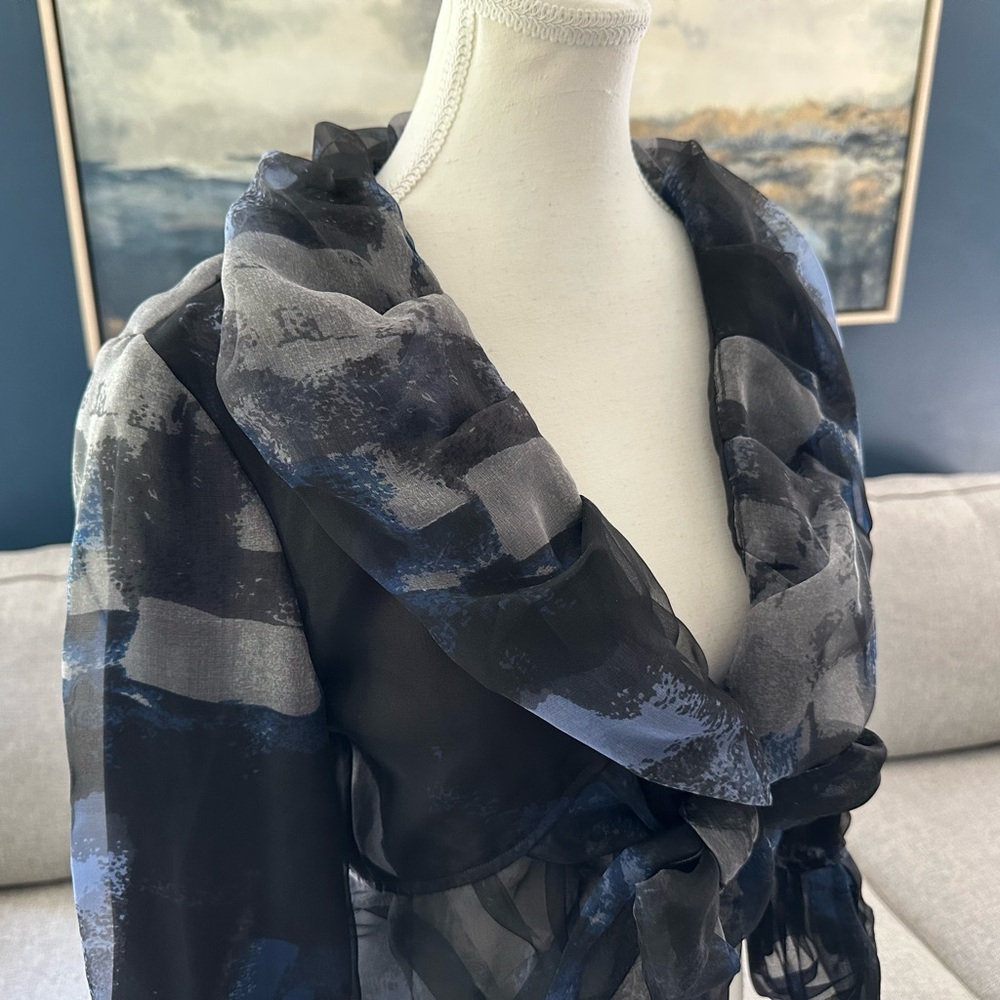 Samuel Dong 100% Silk Organza Crop Bolero Jacket, Blue/Black/Gray Print, Sz S - Picture 5 of 12